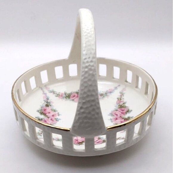 Antique Signed Max Roesler Pierced Porcelain Floral Basket Germany #4919 - Picture 3 of 8